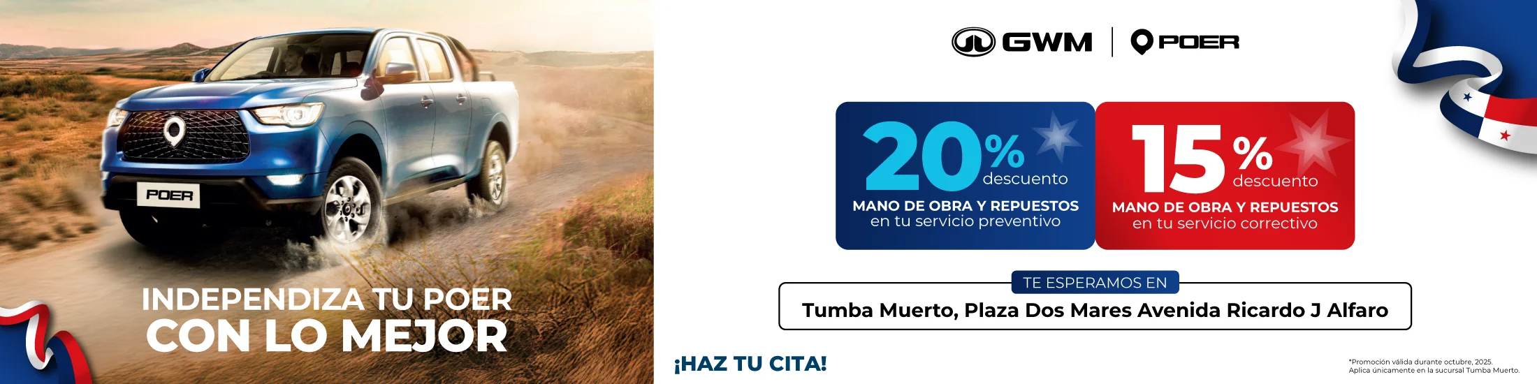 GWM POER 20% descuento mano de obra y repuestos en tu servicio preventivo | 15% descuento mano de obra y repuestos servicio correctivo